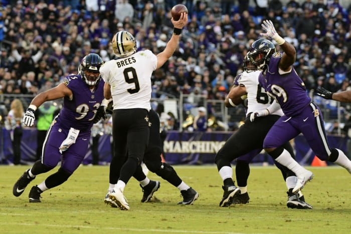 Oct 21, 2018; Baltimore, MD, USA; New Orleans Saints quarterback Drew Brees (9) throws under pressure from the Baltimore Ravens defense. Mandatory Credit: Tommy Gilligan-USA TODAY